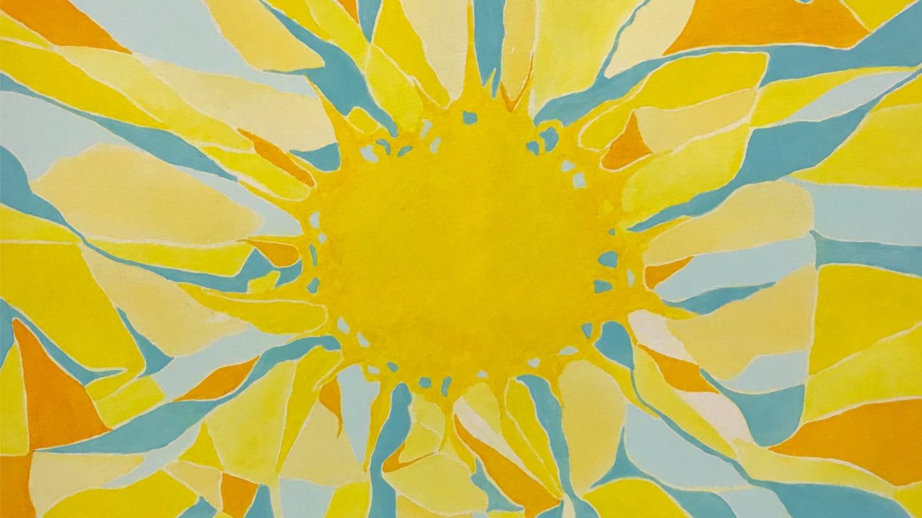 Taiteilija Lea Kiven abstraksi maalaus sinisen, vihreän ja keltaisen väreissä