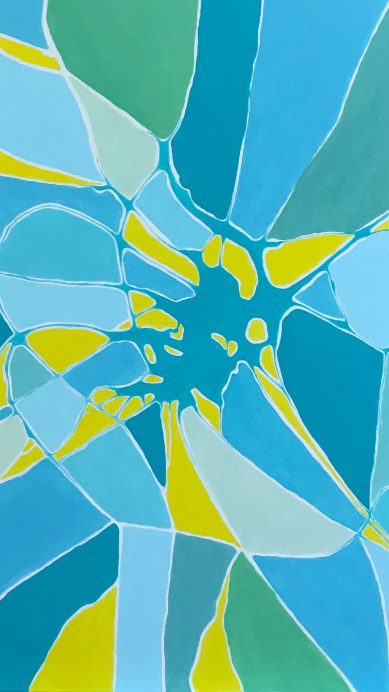 Taiteilija Lea Kiven abstraksi maalaus sinisen, vihreän ja keltaisen väreissä
