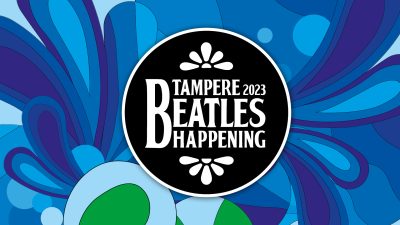 Tampere Beatles Happening -festivaalin visuaalinen ilme, sinisävyinen tausta mustalla pyöreällä logolla.
