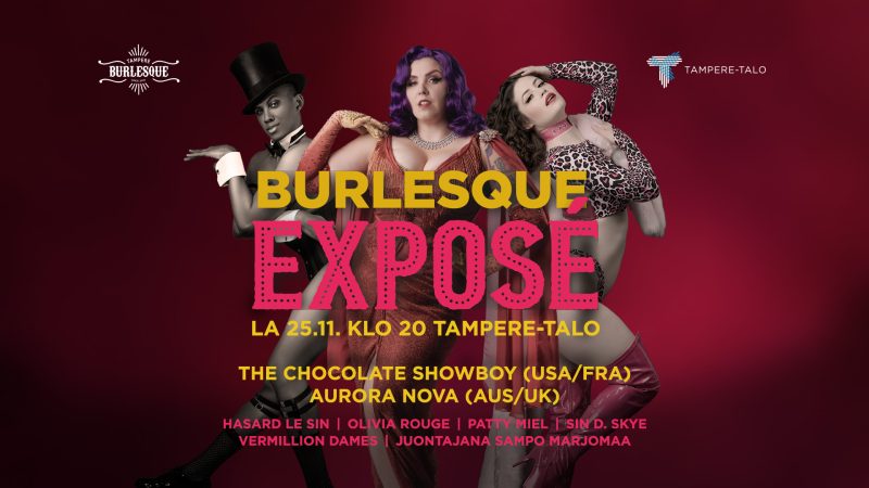 Kolme burlesque hahmoa keimailevat kuvan keskiosassa ja heidän edessään tapahtuman logo ja esiintyjätiedot