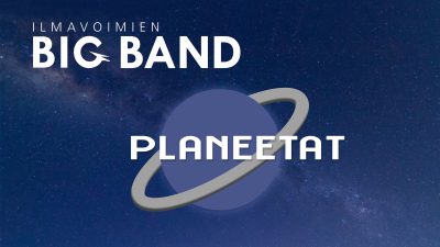 Ilmavoimien Big Bandin logo ja graafinen kuva planeetasta.