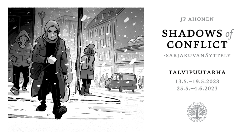 JP Ahonen: Shadows of Conflict -sarjakuvanäyttely Tampere-talon Talvipuutarhassa.