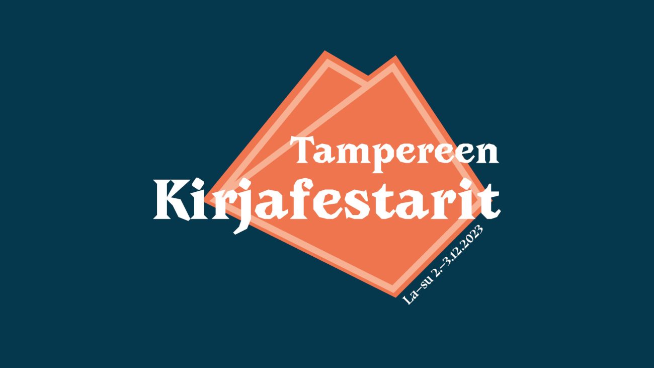 Tampereen Kirjafestarit -logo oranssilla pohjalla keskellä kuvaa, taustaväri tumman sininen