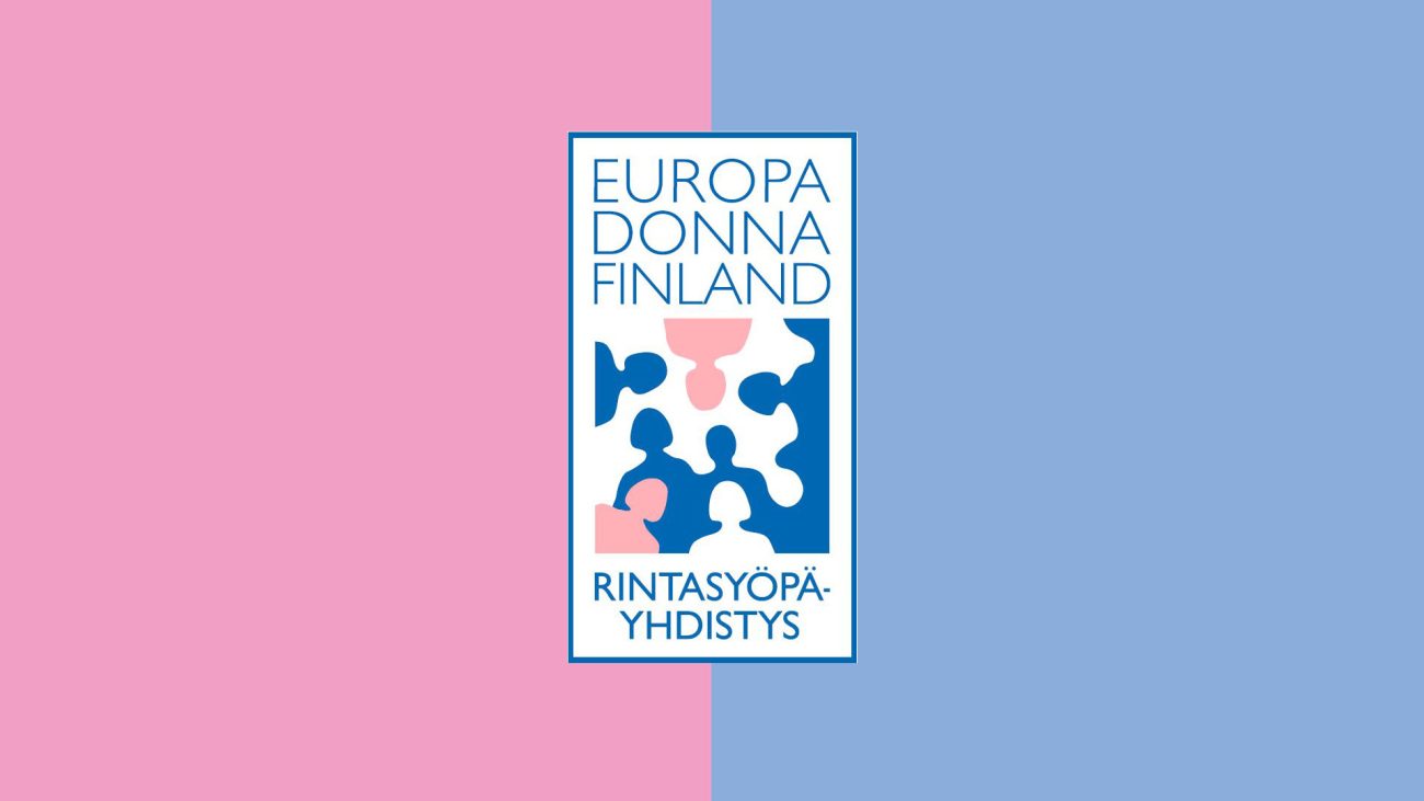 Europa Donna Finland -yhdistyksen logo keskellä kuvaa, puoliksi vaaleanpunainen ja vaaleansininen tausta