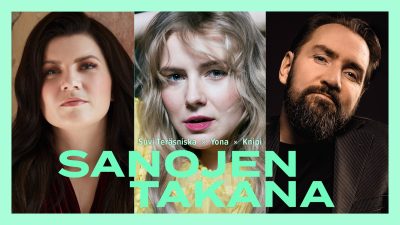Konsertin artistit turkoosin värisissä kehyksissä.