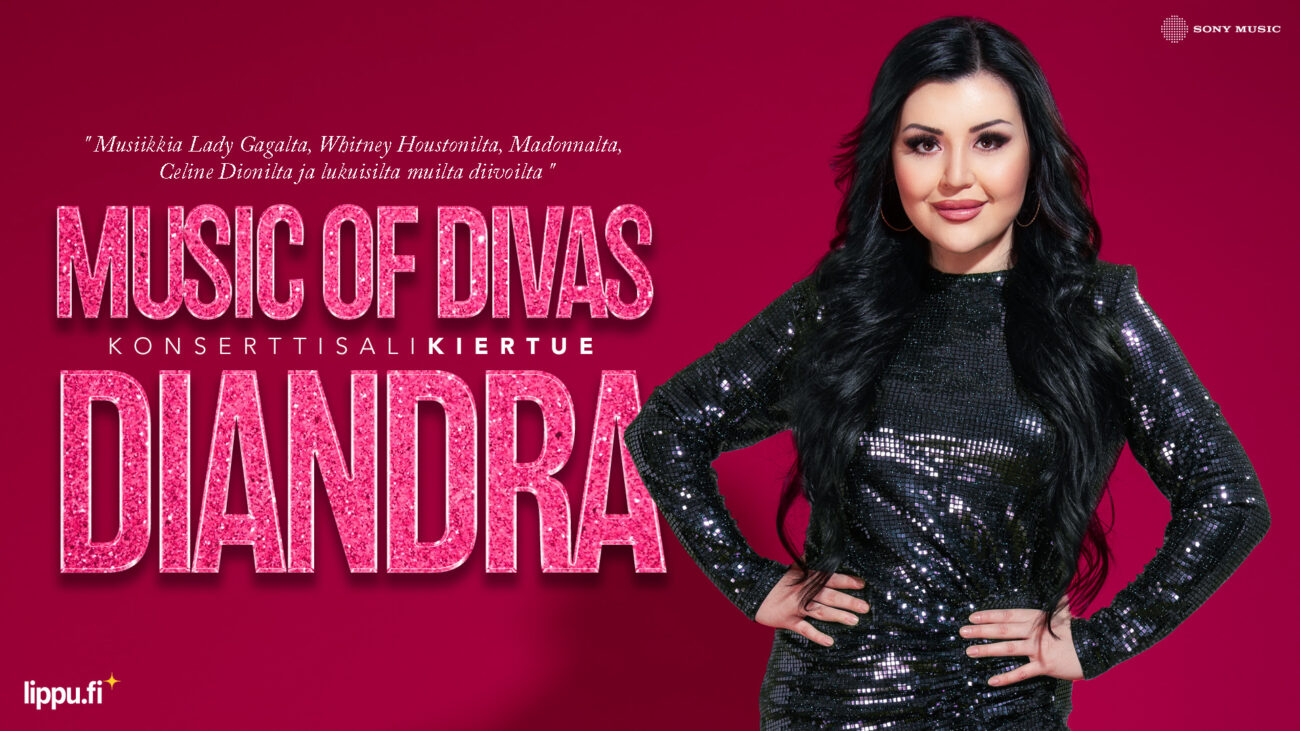 Diandra punaista taustaa vasten ja teksti music of divas Dianra.