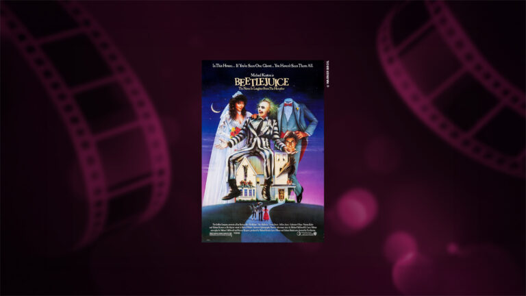 Beetlejuice elokuvan juliste, jossa Michael Keaton istuu omakotitalon katolla.