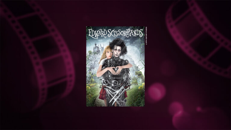 Saksikäsi Edward elokuvan juliste, Winona Ryder halaa Johnny Deppiä takaa.