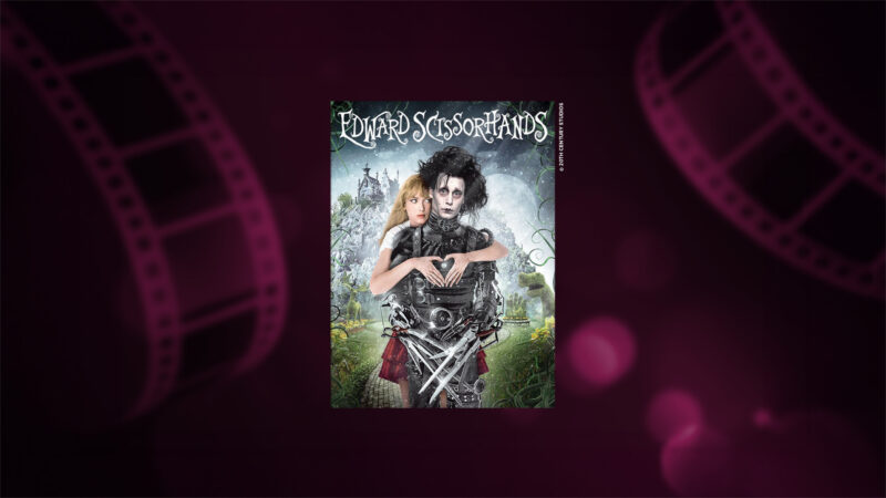 Saksikäsi Edward elokuvan juliste, Winona Ryder halaa Johnny Deppiä takaa.