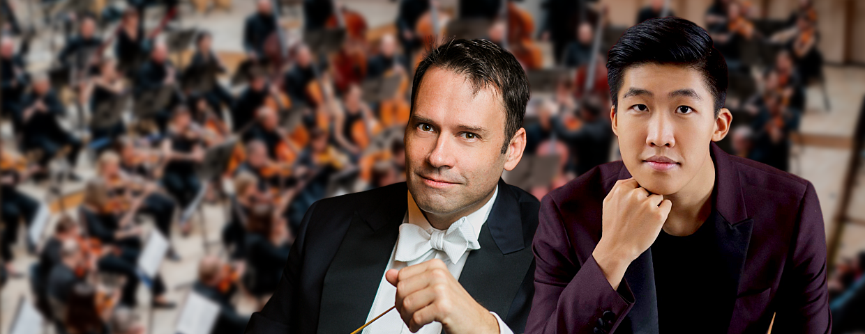 Cellist and conductor in front and blurred orchestra behind.