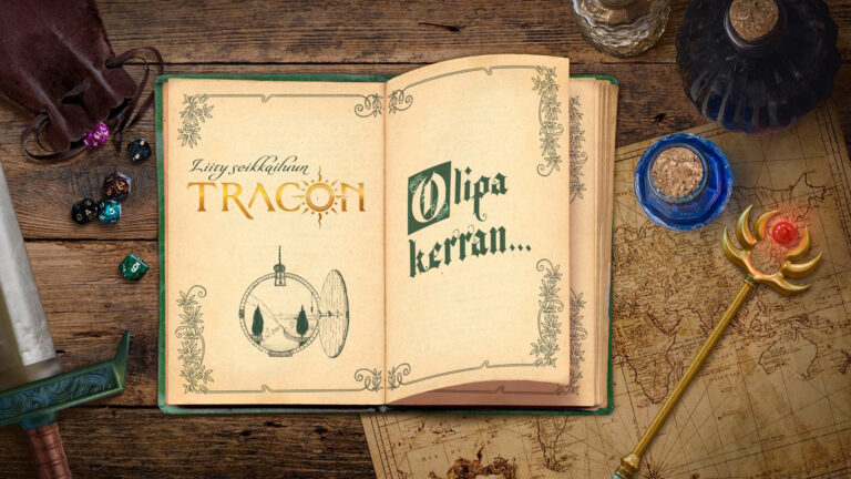 Avoinna oleva vanha kirja kartan päällä,, sivuilla lukee: Liity seikkailuun TRACON ja Olipa kerran...