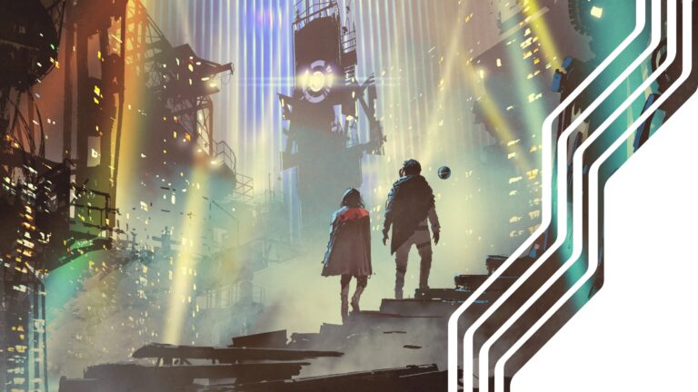 Two person in game walking stairs up.