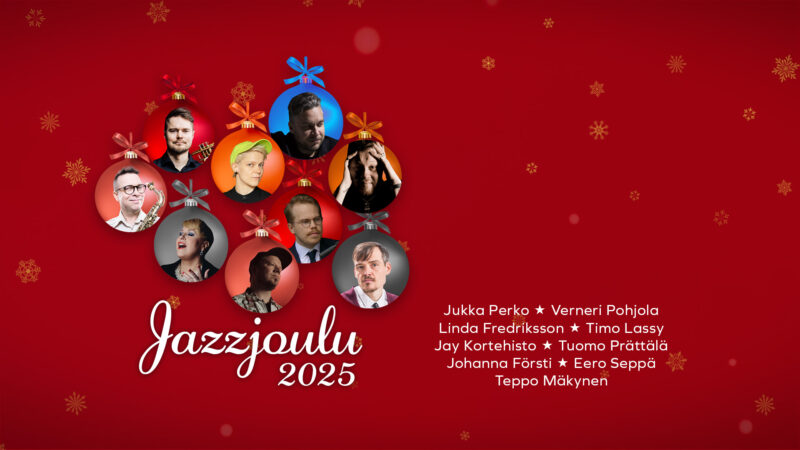 Suomen jazzmuusikot kukin omassa joulupallossaan punaista taustaa vasten.