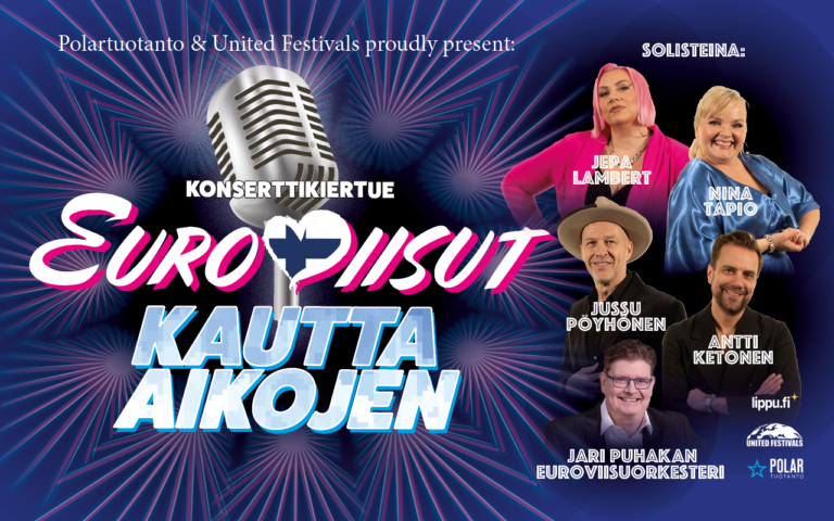 Euroviisut kautta aikojen teksti oikealla ja artistit vasemmalla