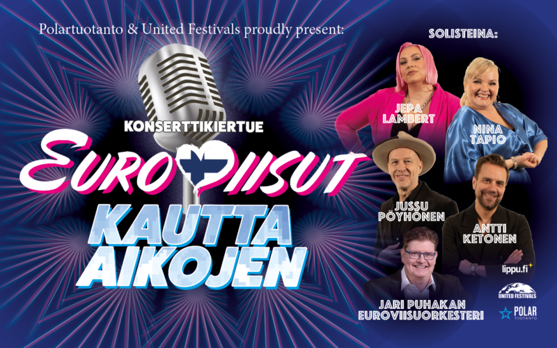 Euroviisut kautta aikojen teksti oikealla ja artistit vasemmalla