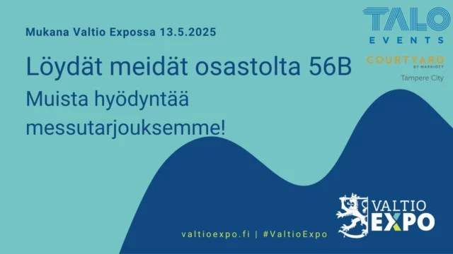 🚀 Olemme mukana Valtio Expo -tapahtumassa 13.5.! 🌟

Tervetuloa osastollemme kuulemaan asiantuntijavinkkejä onnistuneiden tapahtumien järjestämiseen. Esittelemme ylpeydellä Tampere-talon ja Courtyard by Marriott -hotellin monipuolisia palveluita – unohtamatta historiallisen Tuulensuun Palatsin upeaa tunnelmaa. ✨

🎁 Älä unohda hyödyntää messutarjouksiamme kokousten järjestäjille: https://www.tampere-talo.fi/taloevents/valtio-expo/

Nähdään messuilla – inspiroidutaan ja verkostoidutaan yhdessä! 💬 

#ValtioExpo #TaloEvents #TampereTalo #TuulensuunPalatsi #CourtyardbyMarriott @marriott_tampere