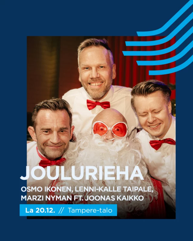 Osmo Ikonen, Lenni-Kalle Taipale, Marzi Nyman ja Joonas Kaikko laittavat konserttisalien penkit hytkymään jälleen joulukuussa! 😍

Joulumieltä, iloa ja liikutusta yhdistävä konserttikiertue on kasvanut vuosi vuodelta yhdeksi Suomen rakastetuimmista joulukonserttikiertueista 🎅

Joulurieha ei ole vain yksittäinen konsertti – se on lämminhenkinen, svengaava ja ainutlaatuinen joulu-show, jossa yhdistyvät joulun ikivihreät, improvisaatio, jazzin ja popin parhaat palat sekä neljän ystävyksen hurmaava lavakemia.

JOULURIEHA
📆 La 20.12. klo 19
📍 Iso sali, Tampere-talo
🎫 Liput 42,50/39,90/34,90 €, kanta-asiakkaat, eläkeläiset, opiskelijat ja työttömät 39/36,40/31,40 €

Lue lisää ja osta liput 👉 tampere-talo.fi/tapahtuma/joulurieha 

#joulurieha #tamperetalo #tampere #tapahtumattampere