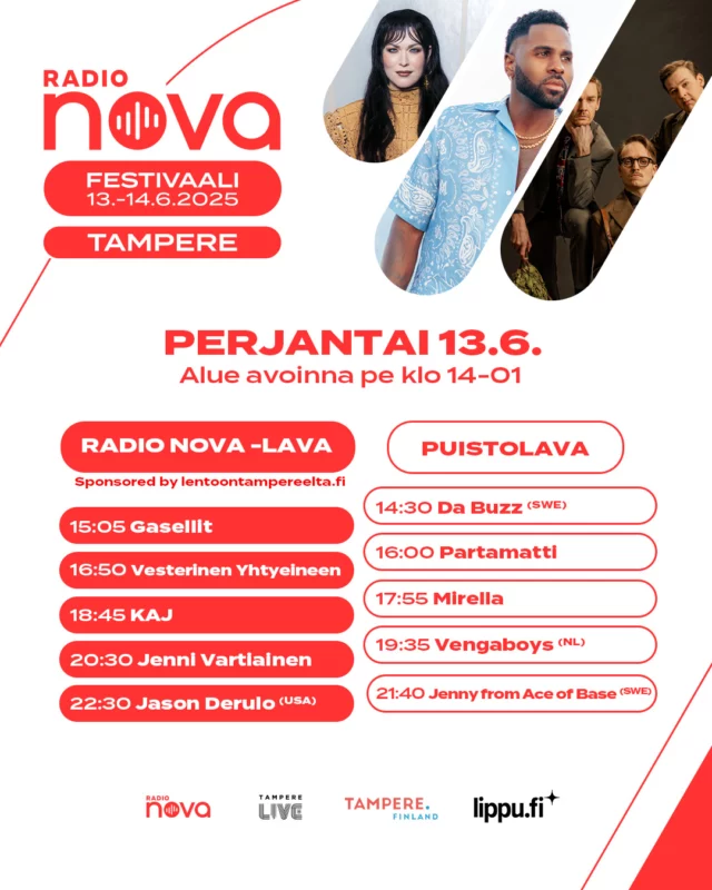 Radio Nova Festivaali valtaa Santalahden viikon kuluttua! 😍 Onhan sinulla jo liput?

Kesän parasta viikonloppua juhlitaan jo ensi viikolla, kun upeat maailmantähdet kuten Jason Derulo, Rita Ora, Sam Feldt ja Alvaro Soler saapuvat Tampereelle yhdessä rakastetuimpien kotimaisten artistien kanssa! Festariviikonlopuksi on luvattu aurinkoista kesäkeliä ja mukaan saa napata oman piknik-viltinkin.

Mukana ovat tietysti myös Radio Novan tutut juontajat! Kuvankaunis festivaalialue tarjoilee kesäistä piknik-fiilistä ja laaja ruoka- ja juomavalikoima täydentää festarielämyksen. Lisäksi festivaalirannekkeella pääsee sunnuntaina 15.6. Särkänniemeen!

Katso ylhäältä festivaalin aikataulut ja osta liput nyt 👉 lippu.fi/artist/radio-nova-festivaali/

@radionovafestival #radionovafestivaali #tampere #tamperelive
